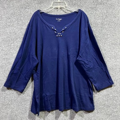 Kim Rogers Curvy Top Womens 1X Blue Cotton Stud Embellishment 3/4 Sleeve V Neck