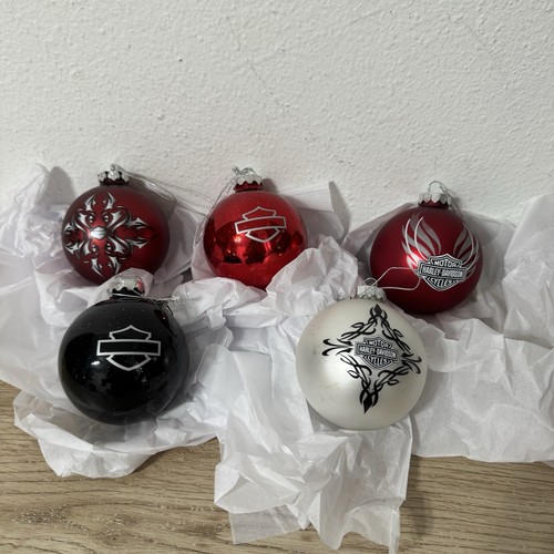 Harley Davidson Black Red White Christmas Glass Ball Ornament Set Of 5 - Picture 2 of 9