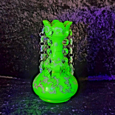 VICTORIAN FRENCH GREEN OPALINE URANIUM GLASS VASE ENAMELLED & HANGING CRYSTALS 