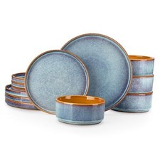 ONION Ceramic Plates and Bowls Sets, 12 Pieces 12 Pcs (Service for 4) Blue ONION Ceramic Plates and Bowls Sets, 12 Pieces 12 Pcs (Service for 4) Blue - Image 1