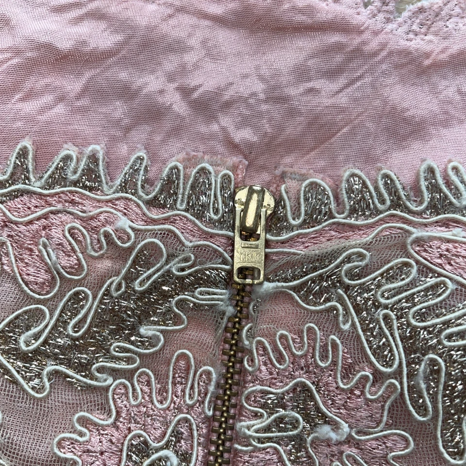 TOPSHOP Embroidery Embellished Crop Off Shoulder Golden Thread Nude Overlay Sz 4 - Image 3 of 4