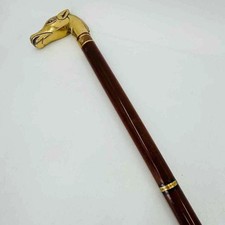 Vintage Walking Stick: Brass Horse Head Handle Wooden Cane 35" Screws Apart Gift