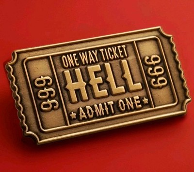 One Way Ticket To Hell Antique Finish Metal Enamel Lapel Pin Admit One 666 