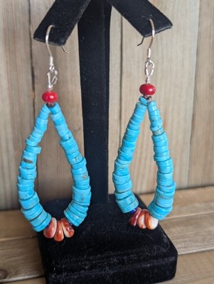 Traditional Navajo Turquoise & Spiny Oyster Shells Jacla Earrings 