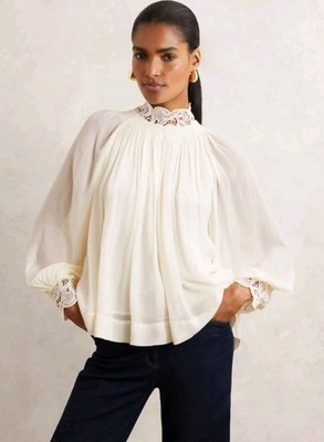 Reiss Czara drapiertes Chiffon-Top mit Spitzenbesatz, cremefarben - Größe 14