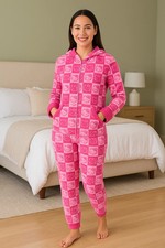 NEW Women's One-Piece Fuzzy Fleece Lounge Fleece Pajama -Pink Hello Kitty Sanrio