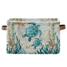Large Storage Basket Vintage Ocean Sea Turtle Starfish Map Foldable Storage B...
