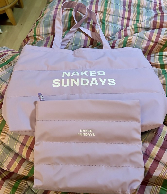 Naked Sundays Lilac Cloud tote and matching cosmetic bag