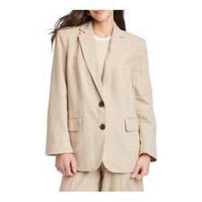 A New Day Blazer Jacket Linen Blend Oatmeal Beige Button Front Business Sz Large