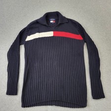 Tommy Hilfiger Sweater Mens Medium VTG 90s Loud Navy Blue Pullover V-Neck