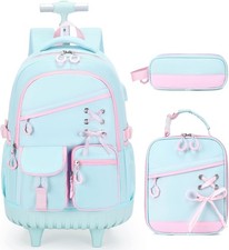Rolling Backpack for Girls with Lunch Bag & Pencil Case | Girls Roller Backpack
