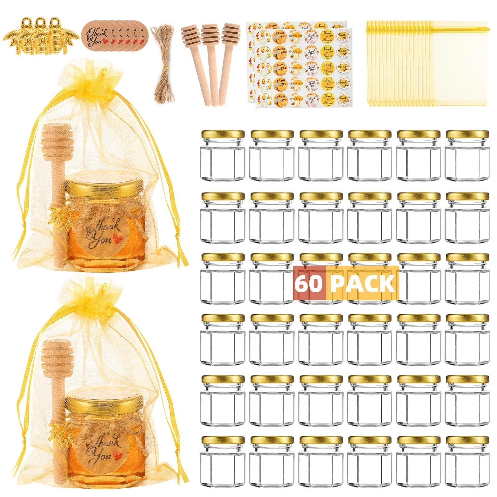 60 Mini Glass Honey Jars with Dippers & Lids - Party Favors for Weddings & Showe