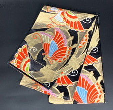 Japanese kimono obi (sash) in black gold, butterfly red and blue some frayine