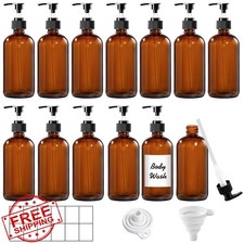 12 Pack Amber Glass Bottles 8oz with Pump Dispensers, Refillable Empty Pump B...