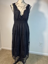 Hot Kiss Vintage Y2K Black Embroidered Mesh Lace Midi Dress Size Large