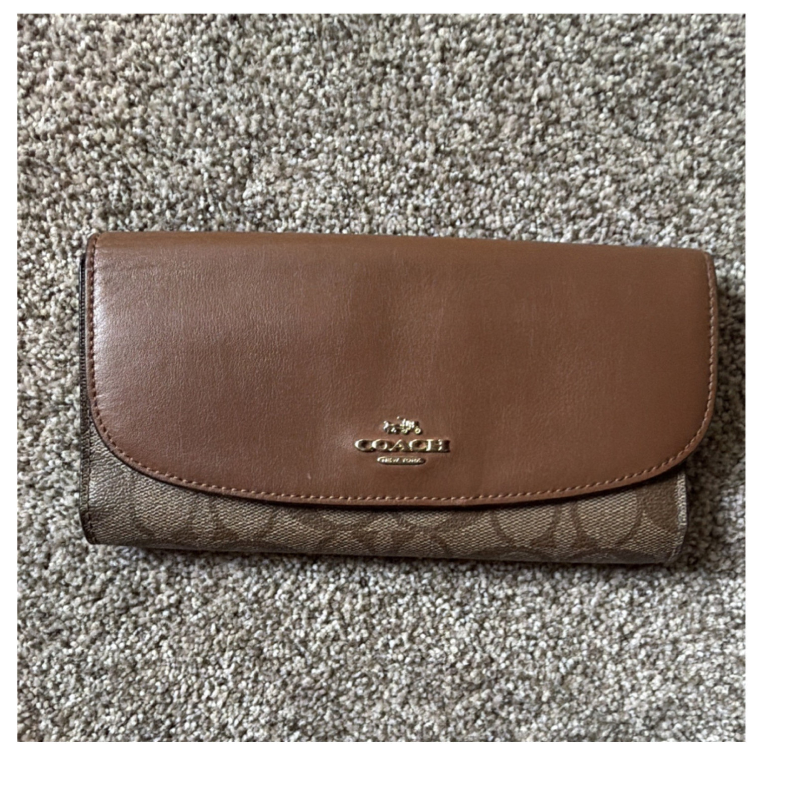 Coach Women's Brown Signature Logo Flap Wallet w/ Zip & Credit Card Slots