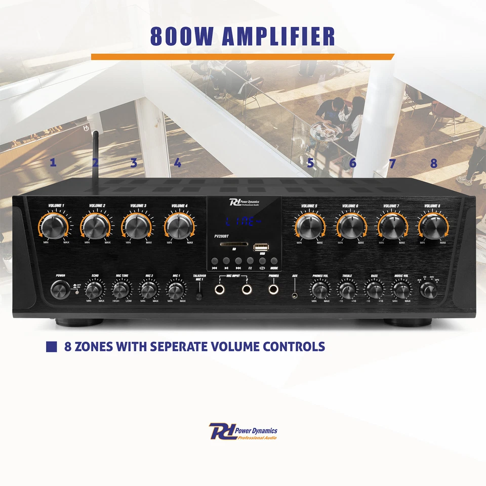 Power Dynamics PV280BT Multi Zone Audio Amplifier 8x100W Bluetooth USB FM - Image 2 of 4