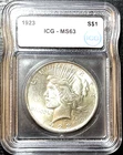 1923 Silver Peace Dollar ICG Graded MS63 Philadelphia Uncirculated Silver Slab