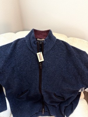Robert Talbott XL Full Zip Sweater Jacket Navy Blue Burgundy Suede Trim Men s