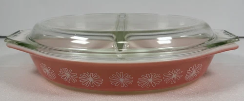 Vintage Pyrex Pink Daisy Divided Oval Casserole Dish 1.5 Qt w/ Lid 945C USA Made