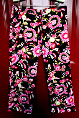 Nicole Max Pants SZ 14 Hot Pink Flowers Front Zip Deep Cuffs Lined Dry Clean EUC