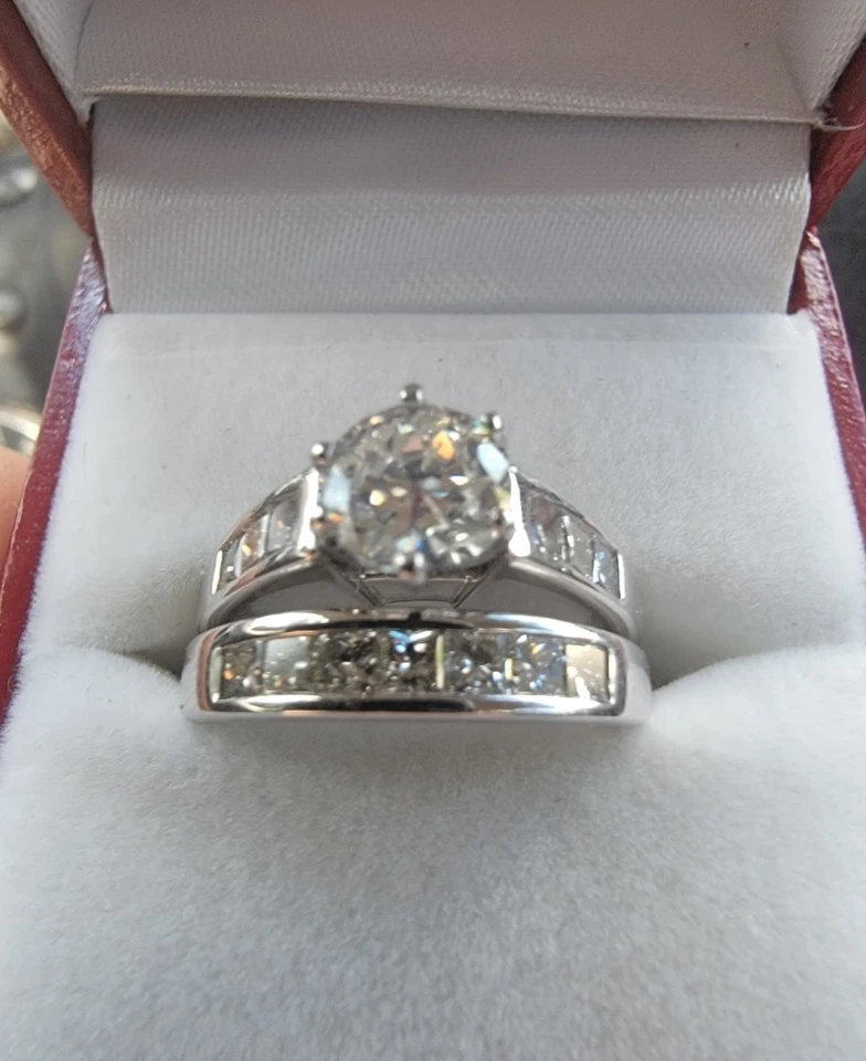 RARO conjunto de anel de diamante incolor corte europeu 1,65 CT 14k banhado a platina S1-2  - Imagem 3 de 4