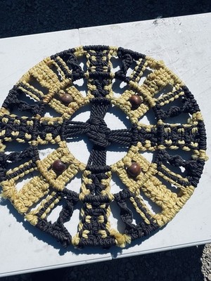 Vintage 70s Macrame Round Mandala Wall Hanging Black Yellow Wood Beads 19 