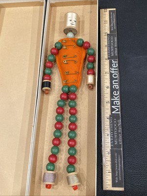 VTG Handmade Thread Wooden Spool Beaded Folk Art Craft Doll Figure Pin Cushion