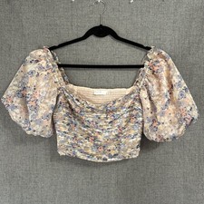 ASTR Women’s Puff Sleeve Pink Blue Floral Crop Top M Smocked Statement Feminine