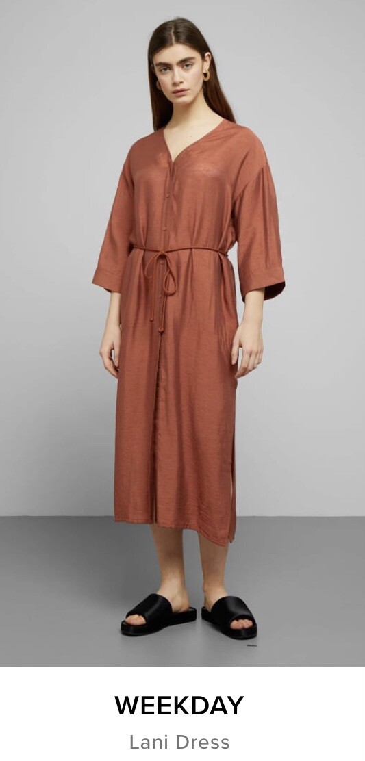Weekday Lani Copper Brown button and tie dress Xs Sold Out Over Shirt Worn  Once | eBay UK