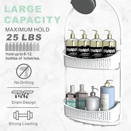 Shower Caddy Hanging, Anti-Swing Over Head Shower Caddy,Plastic Bathroom White
