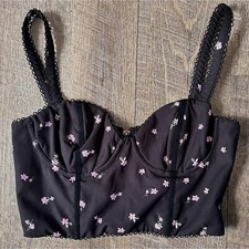 White Fox black and pink floral corset bustier size Small crop top zip back