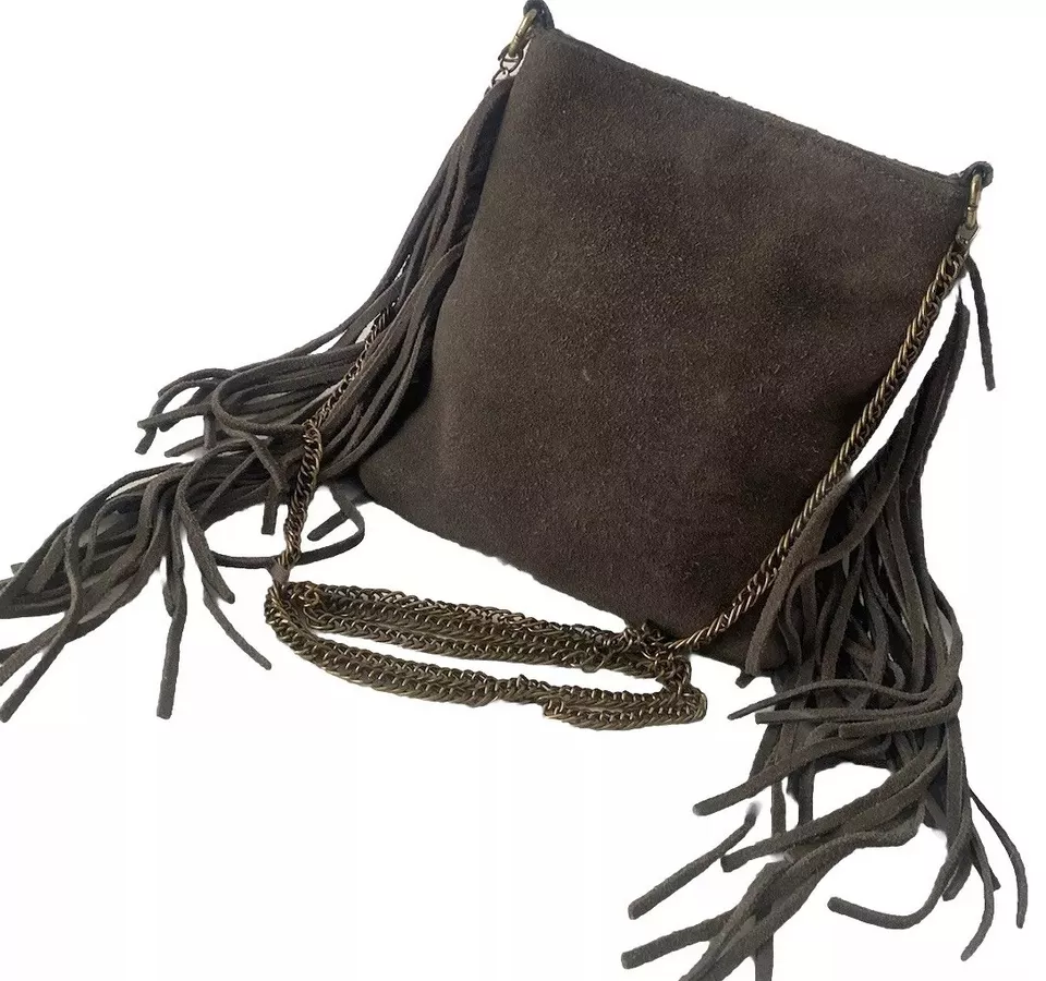 Bolsa de ombro vintage de couro camurça franja alça corrente pequena boho hippie - Imagem 3 de 4