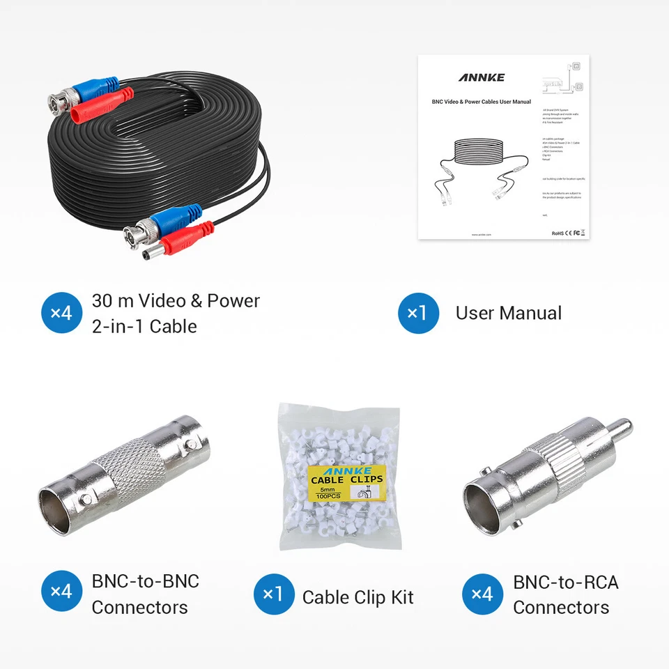 ANNKE 4x 30M 100FT CCTV Camera DVR Video Power Security Surveillance Cable Wire - Image 4 of 4