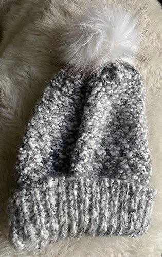 Ashley Stewart Knit Faux Fur Pom Beanie Winter Hat - Grey