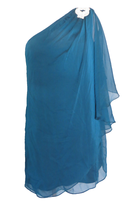 XSCAPE ~ Teal Draped Chiffon Jewel One Shoulder Shift Party Dress 14 NEW  $129 | eBay