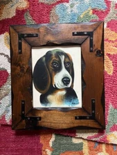 BEAGLE WITH BEAUTIFUL REALISTIC EYES, SIGNED FRAMED PAINTING.