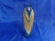 Artist Sarah Cooper Signed Blue, Gold & Green Hand Blown Art Glass Studio Vase
