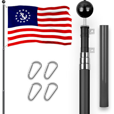 Combo: 16Ft Telescoping Flagpole Black & Yacht Ensign Flag 3x5 Ft Emb 300D Poly