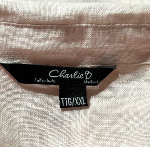 CHARLIE B 100% Linen Sz. XXL SMILE Print Pink Long Button Down Shirt Lagenlook - Picture 11 of 14