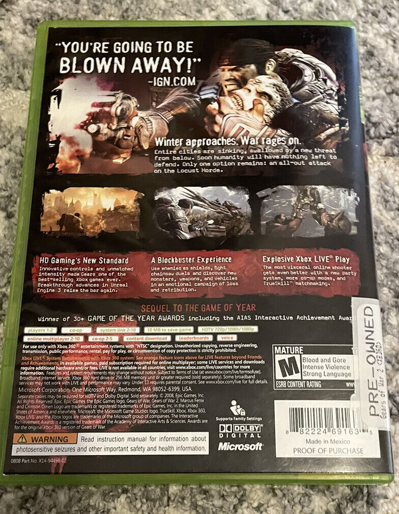 Gears Of War (Platinum Hits) (Bonus- GoW 2) Xbox 360 (Brand New Factory  Sealed U 882224743068