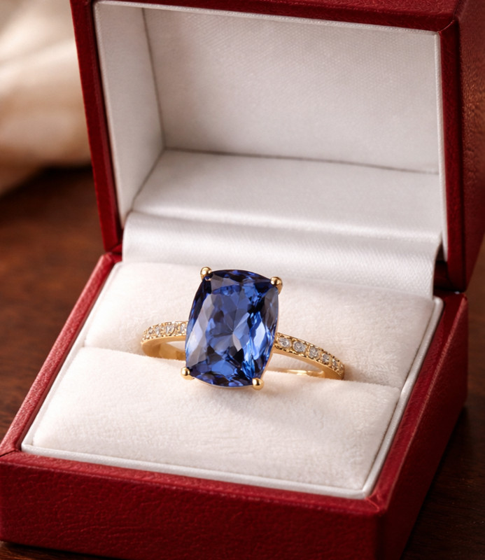 14k  Yellow gold Natural Diamond & Cushion shape AAA Tanzanite ring 5.00 ct