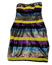 Small Strapless Multicolored Striped Sequin Lined Bodycon Mini Dress NWT