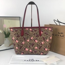 COACH City Tote Bag Signature Canvas Cherry Print Tan Multi CY691