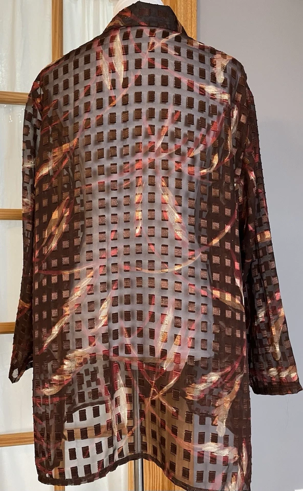 Blusa Geométrica Transparente Años 80 De Colección 1X Roja Marrón Abotonada Manga Larga Fiesta Carrera Foto 4 de 4