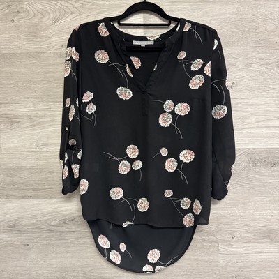 Daniel Rainn V-neck Blouse Floral 3/4 Sleeve V-Neck Tab Sleeve Black Size S