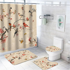 4 PCS Chinese Flower-and-Bird Painting Bathroom Shower Curtain Set with Rugs, Ba