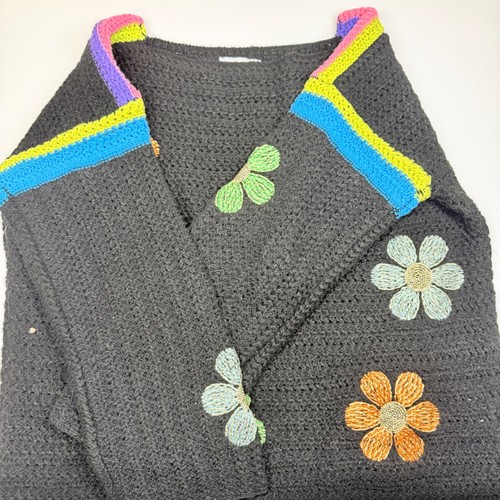 Whimsigoth Black Crochet Flower Sweater Womens Small Embroidered Boho Multicolor - Picture 3 of 9