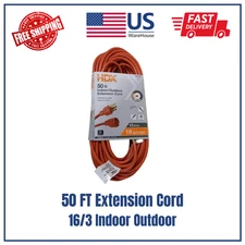 50 ft 16/3 Orange Extension Cord Light Duty Indoor Outdoor Power Cable