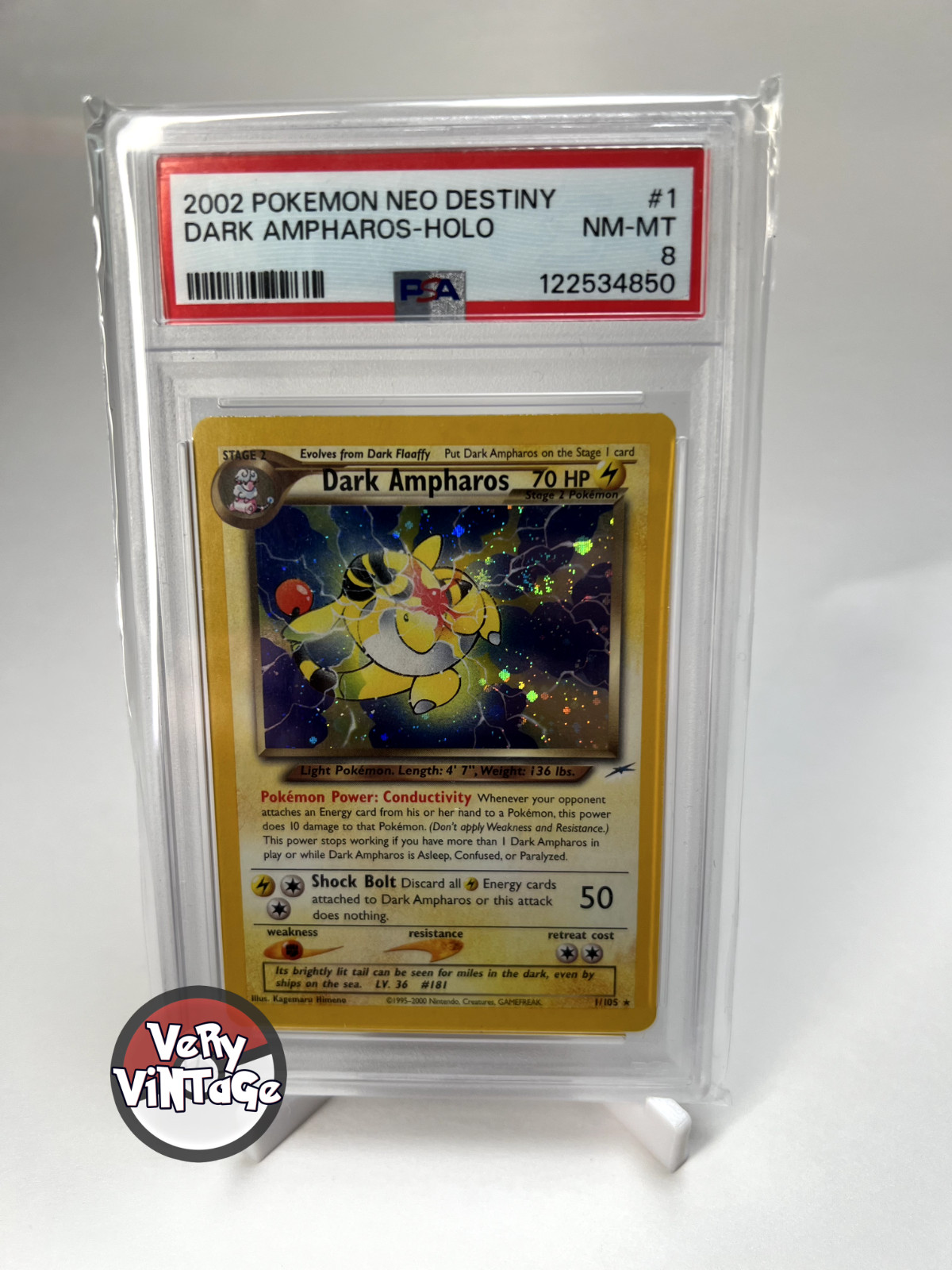 Dark Ampharos Holo - PSA 8 -  1/105 - Neo Destiny (NM/MT)